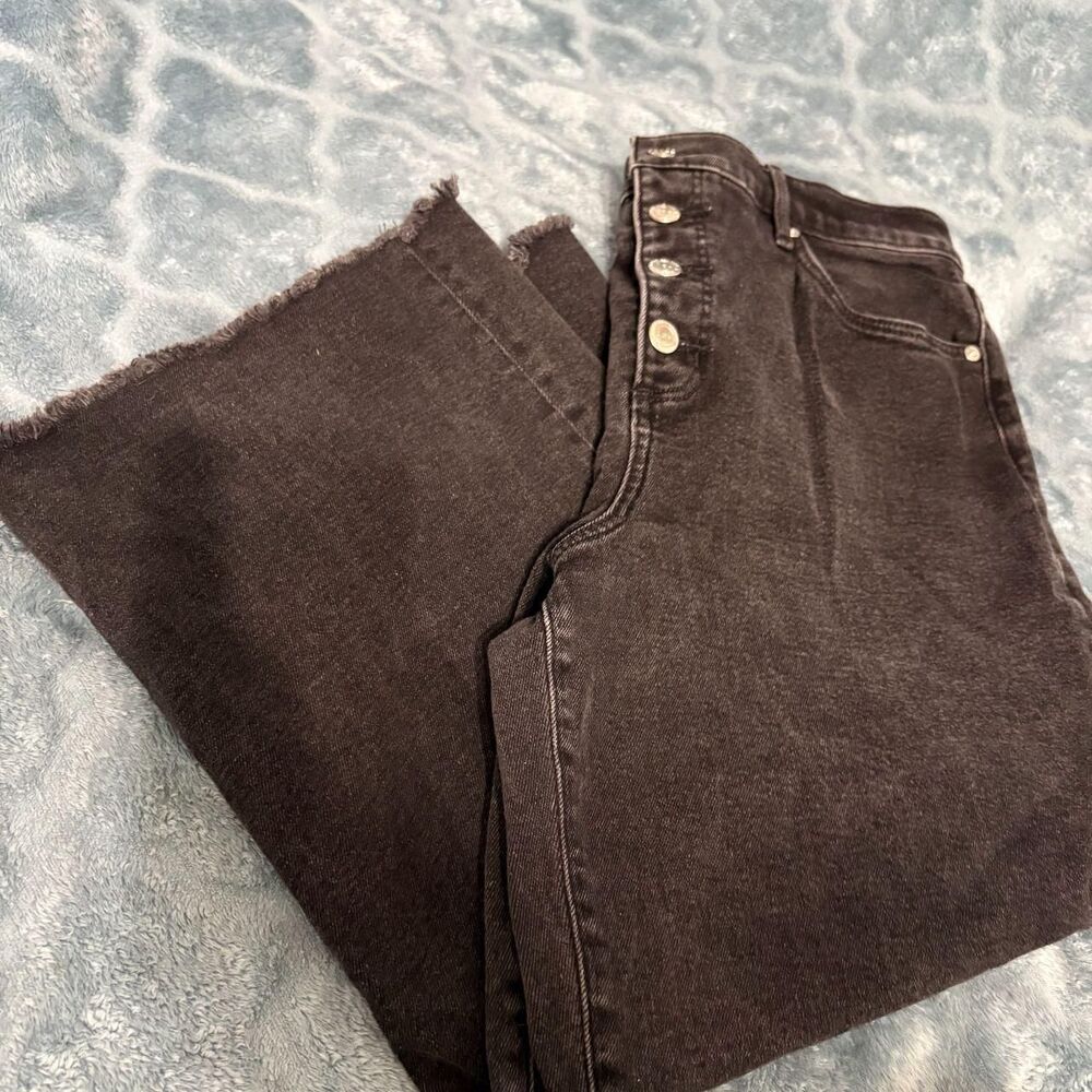 LOFT Black High Rise Flare Crop Jeans Button Fly Raw Hem 32/14P